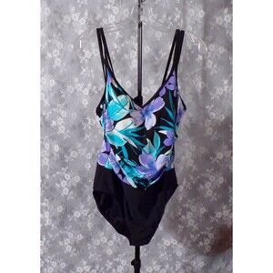 Vintage Y2K Swimsuit 2000s Blue Black Floral One Piece Retro Miraclesuit Size 10